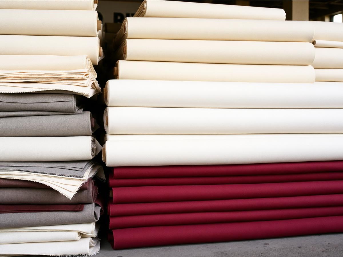 Rotoli di tessuto avorio, grigio e bordeaux impilati in magazzino