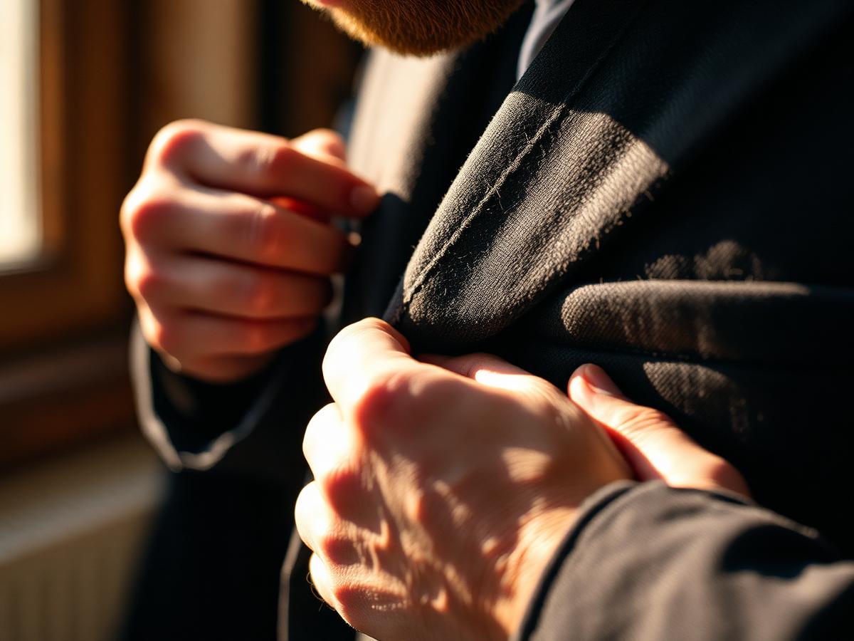 Mani di un sarto che rifinisce il revers di un cappotto