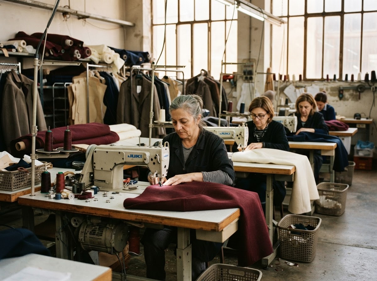 Sala cucito con macchine industriali e pannelli di cappotto in lavorazione