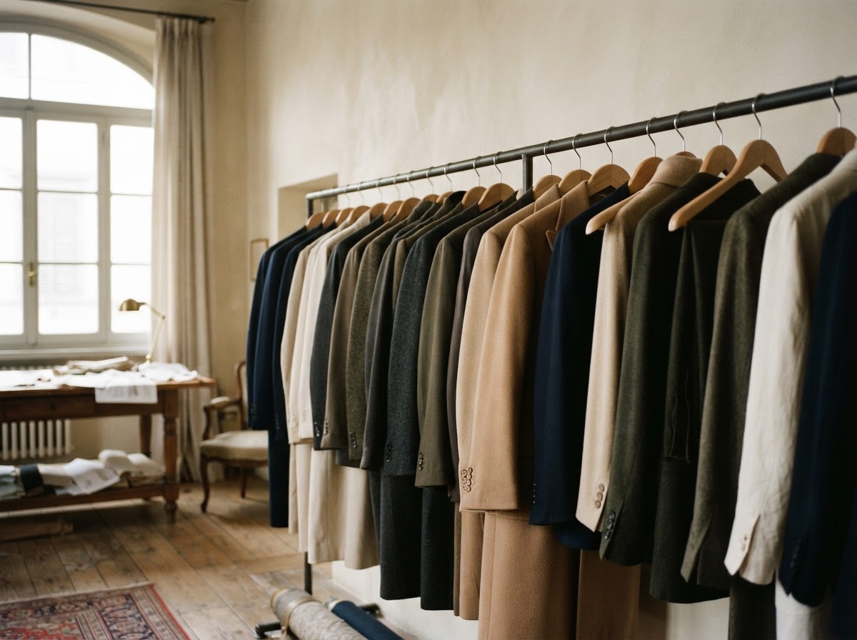Cappotti e giacche appesi su grucce in legno nello showroom